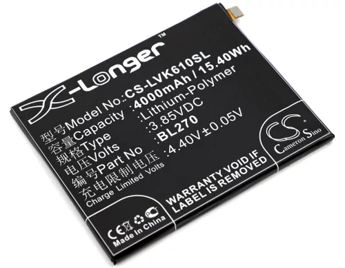 Lenovo BL270 helyettesítő mobiltelefon akkumulátor (Li-Polymer, 4000mAh / 15.4Wh, 3.85V) - Utángyártott