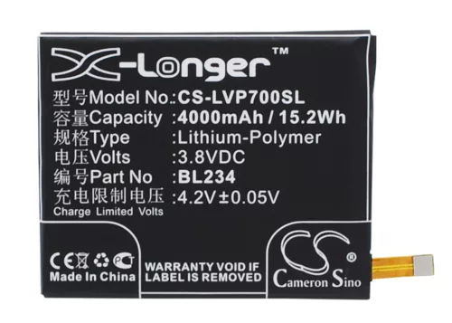 Lenovo BL234 helyettesítő mobiltelefon akkumulátor (Li-Polymer, 4000mAh / 15.2Wh, 3.8V) - Utángyártott