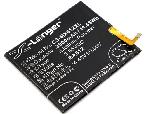Meizu BA612 helyettesítő mobiltelefon akkumulátor (Li-Polymer, 3000mAh / 11.55Wh, 3.85V) - Utángyártott