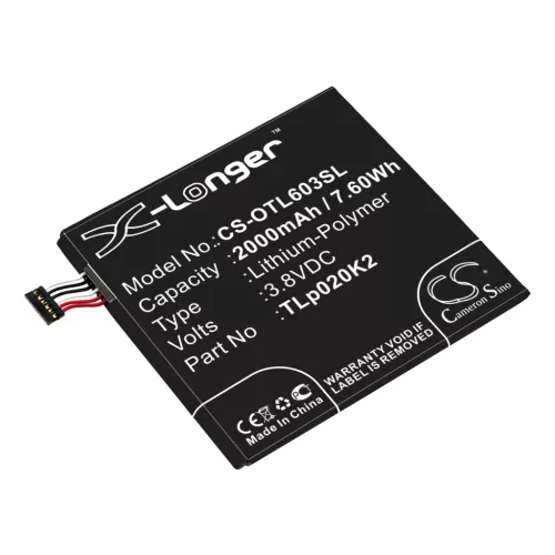 Alcatel TLp020K2 helyettesítő mobiltelefon akkumulátor (Li-Polymer, 3.8V, 7.60Wh / 2000mAh) - Utángyártott