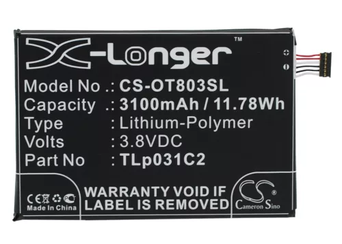 Alcatel TLp031C2 helyettesítő mobiltelefon akkumulátor (Li-Polymer, 3.8V, 11.78Wh / 3100mAh) - Utángyártott