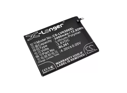 Lenovo BL261 helyettesítő mobiltelefon akkumulátor (Li-Polymer, 3.8V, 12.92Wh / 3400mAh) - Utángyártott