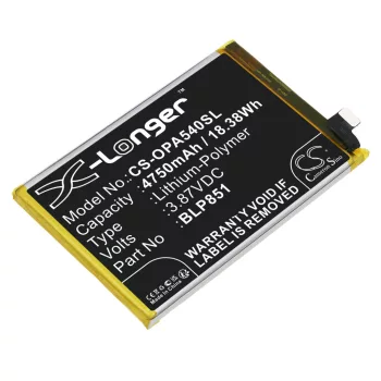   OPPO BLP851 helyettesítő mobiltelefon akkumulátor (Li-Polymer, 3.87V, 18.38Wh / 4750mAh) - Utángyártott