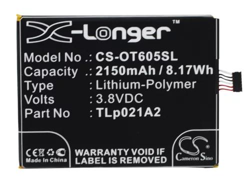 Alcatel TLp021A2 helyettesítő mobiltelefon akkumulátor (Li-Polymer, 3.8V, 2150mAh / 8.17Wh) - Utángyártott