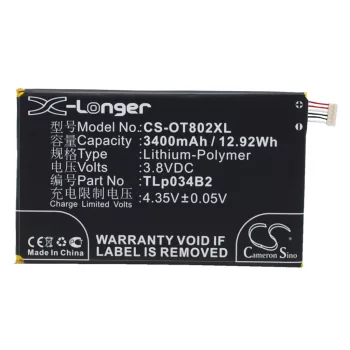   Alcatel TLp034B2 helyettesítő mobiltelefon akkumulátor (Li-Polymer, 3.8V, 3400mAh / 12.92Wh) - Utángyártott