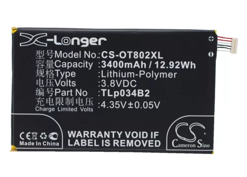 Alcatel TLp034B2 helyettesítő mobiltelefon akkumulátor (Li-Polymer, 3.8V, 3400mAh / 12.92Wh) - Utángyártott
