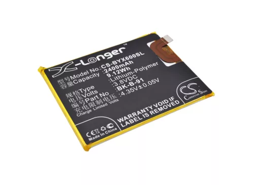 BBK BK-B-91 helyettesítő mobiltelefon akkumulátor (Li-Polymer, 3.8V, 2400mAh / 9.12Wh) - Utángyártott