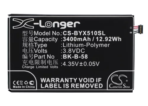 BBK BK-B-58 helyettesítő mobiltelefon akkumulátor (Li-Polymer, 3.8V, 3400mAh / 12.92Wh) - Utángyártott