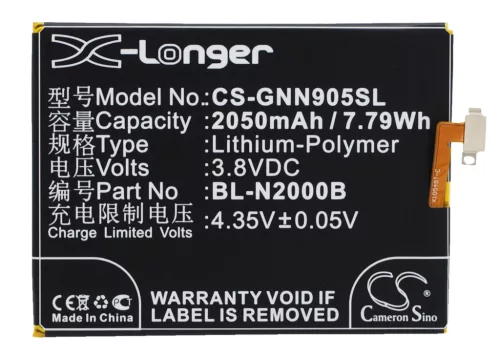 GIONEE BL-N2000B helyettesítő mobiltelefon akkumulátor (Li-Polymer, 3.8V, 2050mAh / 7.79Wh) - Utángyártott