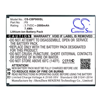   Cubot P9 helyettesítő mobiltelefon akkumulátor (Li-ion, 3.7V, 2000mAh / 7.40Wh) - Utángyártott