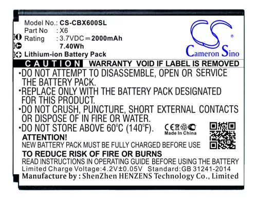 Cubot X6 helyettesítő mobiltelefon akkumulátor (Li-ion, 3.7V, 2000mAh / 7.40Wh) - Utángyártott