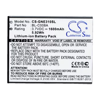   GIONEE BL-C008A helyettesítő mobiltelefon akkumulátor (Li-ion, 3.7V, 1600mAh / 5.92Wh) - Utángyártott