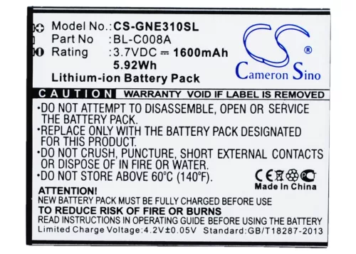GIONEE BL-C008A helyettesítő mobiltelefon akkumulátor (Li-ion, 3.7V, 1600mAh / 5.92Wh) - Utángyártott