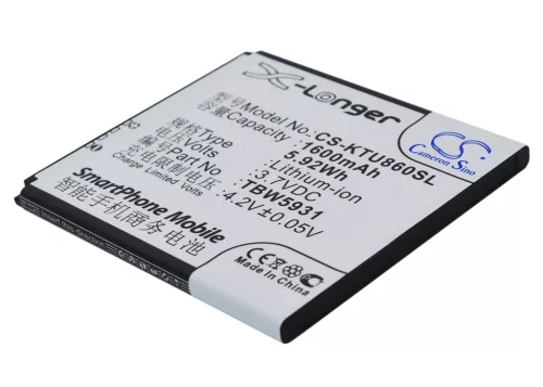 K-Touch TBW5931 helyettesítő mobiltelefon akkumulátor (Li-ion, 3.7V, 1600mAh / 5.92Wh) - Utángyártott