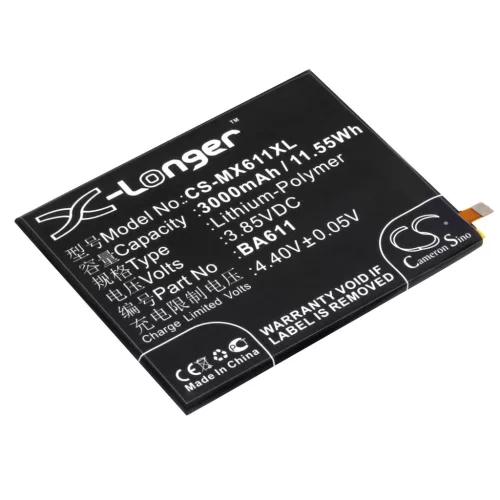 Meizu BA611 helyettesítő mobiltelefon akkumulátor (Li-Polymer, 3.85V, 3000mAh / 11.55Wh) - Utángyártott