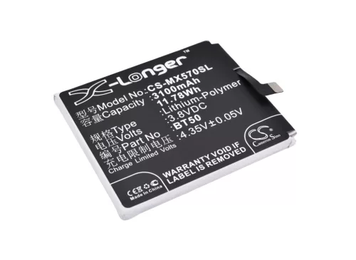 MeiZu BT50 helyettesítő mobiltelefon akkumulátor (Li-Polymer, 3.8V, 3100mAh / 11.78Wh) - Utángyártott