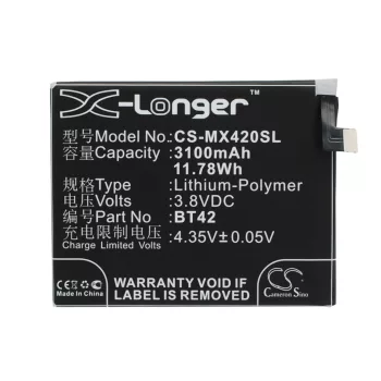   MeiZu BT42 helyettesítő mobiltelefon akkumulátor (Li-Polymer, 3.8V, 3100mAh / 11.78Wh) - Utángyártott