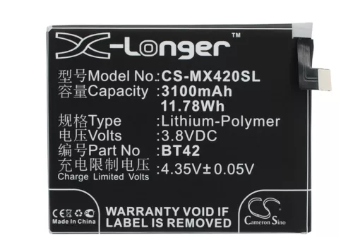 MeiZu BT42 helyettesítő mobiltelefon akkumulátor (Li-Polymer, 3.8V, 3100mAh / 11.78Wh) - Utángyártott
