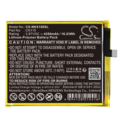 Nokia CN110 helyettesítő mobiltelefon akkumulátor (Li-Polymer, 3.87V, 4350mAh / 16.83Wh) - Utángyártott