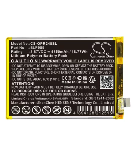 OPPO BLP959 helyettesítő mobiltelefon akkumulátor (Li-Polymer, 3.87V, 4850mAh / 18.77Wh) - Utángyártott
