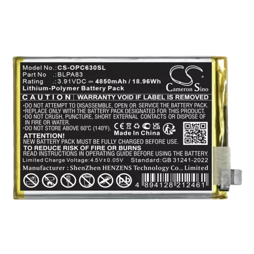 OPPO BLPA83 helyettesítő mobiltelefon akkumulátor (Li-Polymer, 3.91V, 4850mAh / 18.96Wh) - Utángyártott