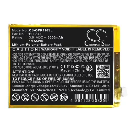 OPPO BLPA41 helyettesítő mobiltelefon akkumulátor (Li-Polymer, 3.91V, 5000mAh / 19.55Wh) - Utángyártott