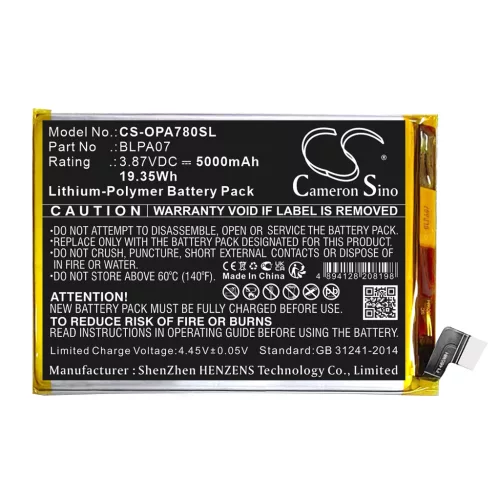 OPPO BLPA07 helyettesítő mobiltelefon akkumulátor (Li-Polymer, 3.87V, 5000mAh / 19.35Wh) - Utángyártott