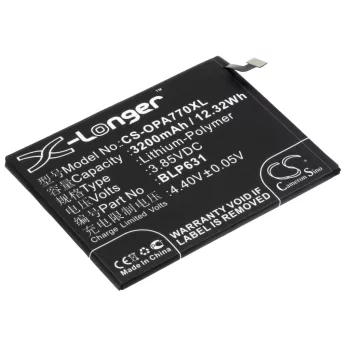   OPPO BLP631 helyettesítő mobiltelefon akkumulátor (Li-Polymer, 3.85V, 3200mAh / 12.32Wh) - Utángyártott