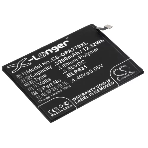 OPPO BLP631 helyettesítő mobiltelefon akkumulátor (Li-Polymer, 3.85V, 3200mAh / 12.32Wh) - Utángyártott