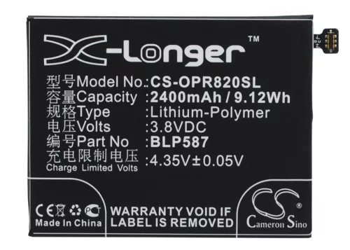 OPPO BLP587 helyettesítő mobiltelefon akkumulátor (Li-Polymer, 3.8V, 2400mAh / 9.12Wh) - Utángyártott