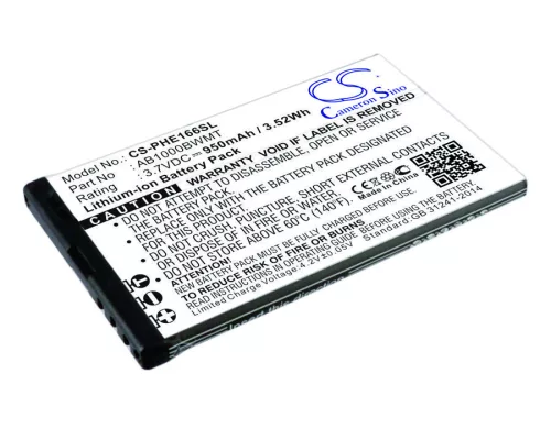 Philips AB1000BWMT helyettesítő mobiltelefon akkumulátor (Li-ion, 3.7V, 950mAh / 3.52Wh) - Utángyártott