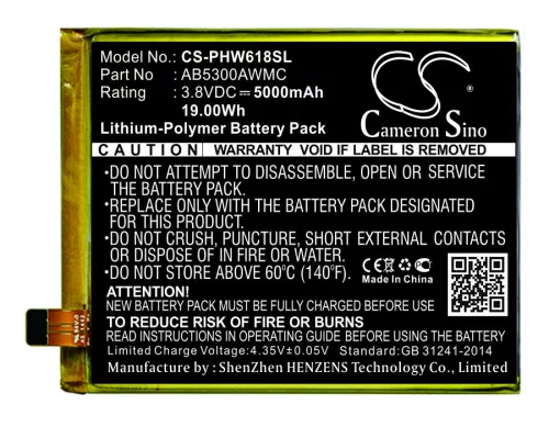 Philips AB5300AWMT helyettesítő mobiltelefon akkumulátor (Li-Polymer, 3.8V, 5000mAh / 19.00Wh) - Utángyártott