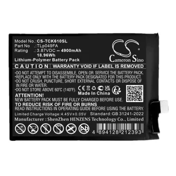   TCL TLp049FA helyettesítő mobiltelefon akkumulátor (Li-Polymer, 3.87V, 4900mAh / 18.96Wh) - Utángyártott