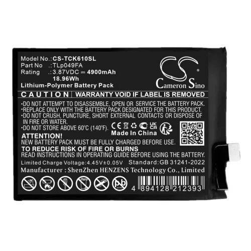 TCL TLp049FA helyettesítő mobiltelefon akkumulátor (Li-Polymer, 3.87V, 4900mAh / 18.96Wh) - Utángyártott