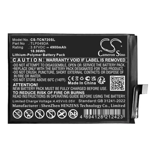 TCL TLP049DA helyettesítő mobiltelefon akkumulátor (Li-Polymer, 3.87V, 4900mAh / 18.96Wh) - Utángyártott
