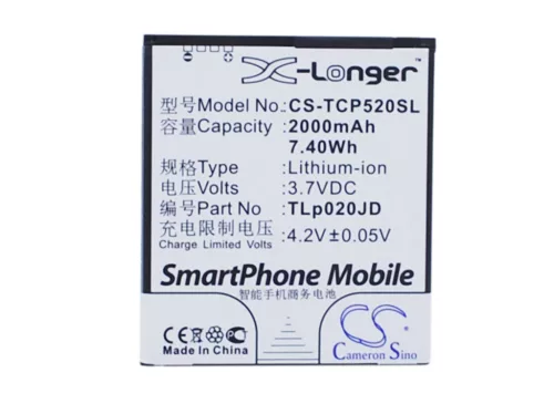 TCL TLp020JD helyettesítő mobiltelefon akkumulátor (Li-ion, 3.7V, 2000mAh / 7.40Wh) - Utángyártott
