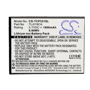   TCL TLi019CA helyettesítő mobiltelefon akkumulátor (Li-ion, 3.7V, 1800mAh / 6.66Wh) - Utángyártott