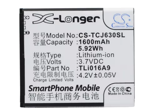 TCL TLi016A9 helyettesítő mobiltelefon akkumulátor (Li-ion, 3.7V, 1600mAh / 5.92Wh) - Utángyártott