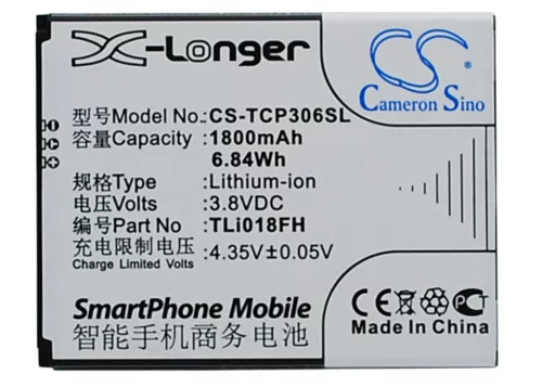 TCL TLi018FH helyettesítő mobiltelefon akkumulátor (Li-ion, 3.8V, 1800mAh / 6.84Wh) - Utángyártott
