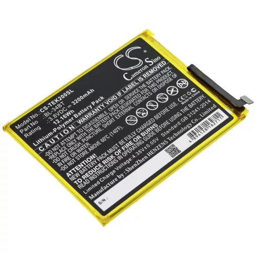 Tecno Spark 2 készülékhez mobiltelefon akkumulátor (Li-Polymer, 3.8V, 3200mAh / 12.16Wh) - Utángyártott