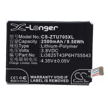   ZTE Li3825T43P6H755543 helyettesítő mobiltelefon akkumulátor (Li-Polymer, 3.8V, 2500mAh / 9.50Wh) - Utángyártott