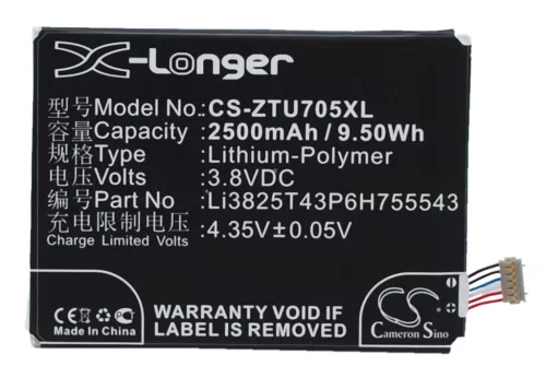 ZTE Li3825T43P6H755543 helyettesítő mobiltelefon akkumulátor (Li-Polymer, 3.8V, 2500mAh / 9.50Wh) - Utángyártott