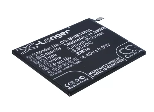 Xiaomi BM34 helyettesítő mobiltelefon akkumulátor (Li-Polymer, 3.85V, 3000mAh / 11.55Wh) - Utángyártott