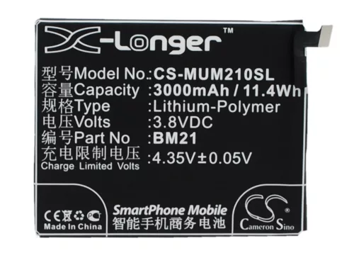 Xiaomi BM21 helyettesítő mobiltelefon akkumulátor (Li-Polymer, 3.8V, 3000mAh / 11.40Wh) - Utángyártott