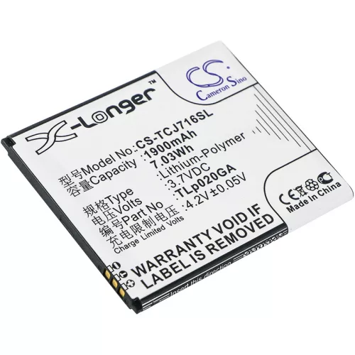 TCL TLp020GA helyettesítő mobiltelefon akkumulátor (Li-Polymer, 3.7V, 1900mAh / 7.03Wh) - Utángyártott