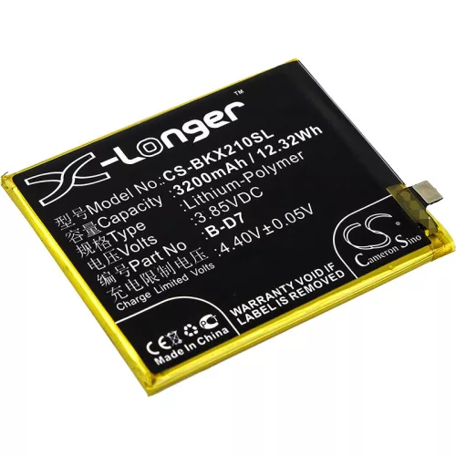 BBK B-D7 helyettesítő mobiltelefon akkumulátor (Li-Polymer, 3.85V, 3200mAh / 12.32Wh) - Utángyártott