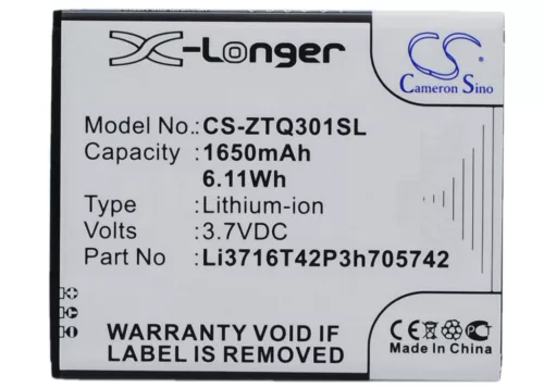ZTE Li3716T42P3h705742 helyettesítő mobiltelefon akkumulátor (Li-ion, 3.7V, 1650mAh / 6.11Wh) - Utángyártott