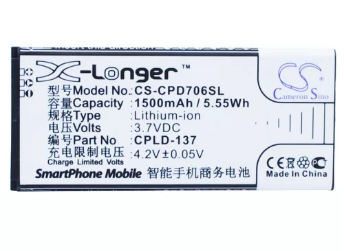 Coolpad CPLD-137 helyettesítő mobiltelefon akkumulátor (Li-ion, 3.7V, 1500mAh / 5.55Wh) - Utángyártott