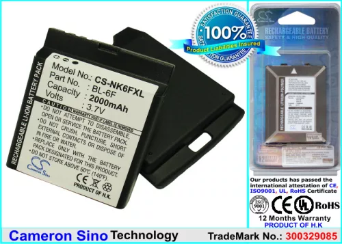 Nokia BL-6F helyettesítő mobiltelefon akkumulátor (Li-ion, 3.7V, 2000mAh / 7.4Wh) - Utángyártott