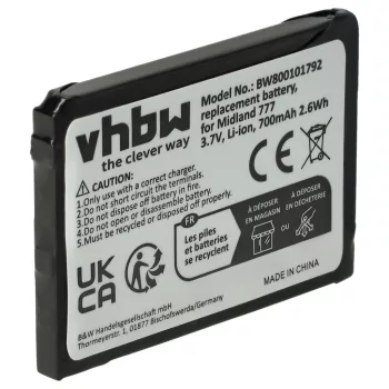   Midland 777, PMR446 készülékekhez rádió akkumulátor (Li-Ion, 700mAh / 2.59Wh, 3.7V) - Utángyártott